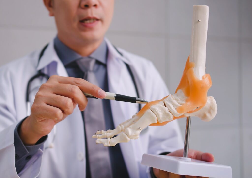 A male doctor explains the physiology of the human body via video call conference.